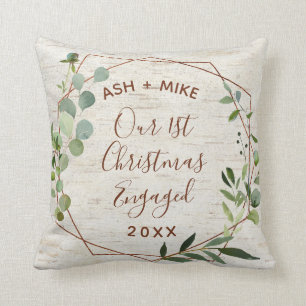 First Christmas Engaged Birch Eucalyptus Photo Cushion