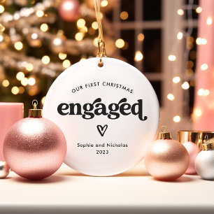 First Christmas Engaged Black and White with Heart Ceramic Tree Decoration