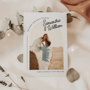 First Christmas Engaged Boho Arch Photo Holiday Card