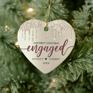 First Christmas Engaged Champagne Glitter Drips  Ceramic Tree Decoration