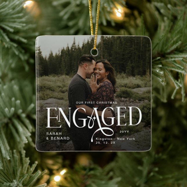 First Christmas Engaged  Chic Couples 2 Photos Ceramic Ornament (Tree)