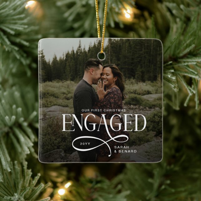 First Christmas Engaged  Chic Couples 2 Photos Ceramic Ornament (Tree)