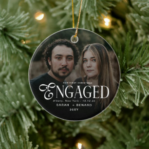 First Christmas Engaged Chic Couples Photo Cerami Ceramic Tree Decoration