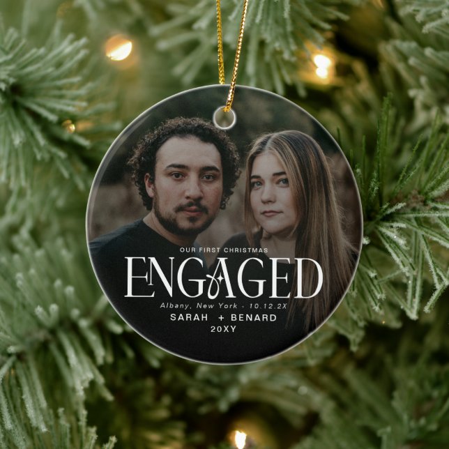 First Christmas Engaged  Chic Couples Photo Cerami Ceramic Tree Decoration (Tree)