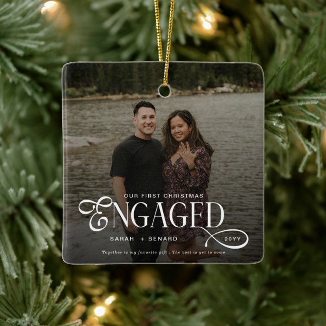 First Christmas Engaged  Chic Couples Photo Ceramic Ornament (Tree)