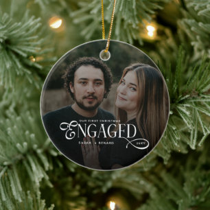First Christmas Engaged Chic Couples Photo Ceramic Tree Decoration