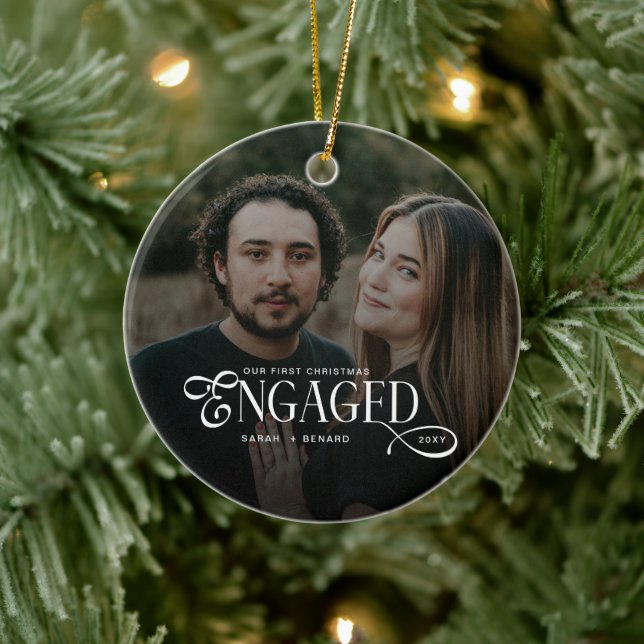 First Christmas Engaged  Chic Couples Photo Ceramic Tree Decoration (Tree)
