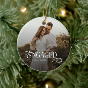 First Christmas Engaged Chic Couples Photo Ceramic Tree Decoration