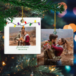 First Christmas Engaged Colourful Christmas Lights Ceramic Ornament<br><div class="desc">First Christmas Engaged! Congratulations! Perfect for celebrating your engagement status or save the date in a fun, whimsical way! Cute, Modern yet Rustic Christmas Holiday Photo Square Ornaments featuring adorable little string of colourful Christmas lights in red, green, yellow, and purple, along with modern typography. Add 2 of your favourite...</div>