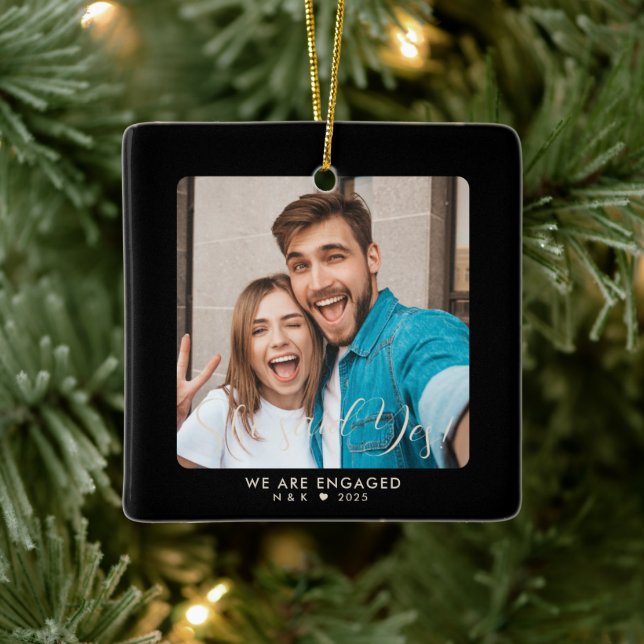 First Christmas Engaged Couple Custom Photo Ceramic Ornament (Tree)