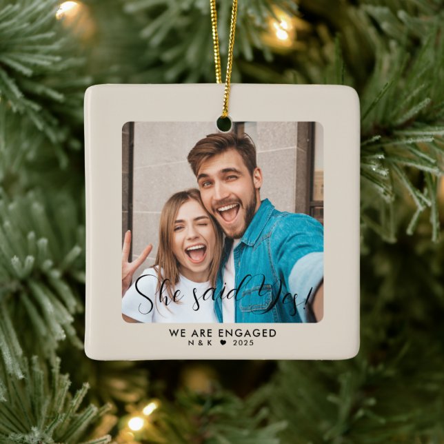 First Christmas Engaged Couple Custom Photo Ceramic Ornament (Tree)