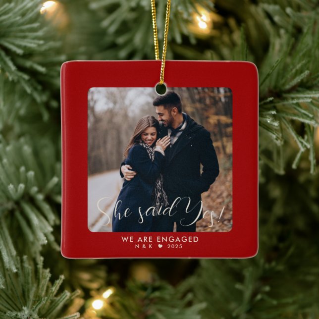 First Christmas Engaged Couple Custom Photo Ceramic Ornament (Tree)