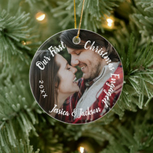 First Christmas Engaged Couple Engagement Photo Ceramic Tree Decoration