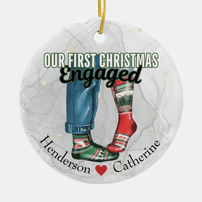 First Christmas Engaged Couple in Socks Ceramic Tree Decoration (Front)