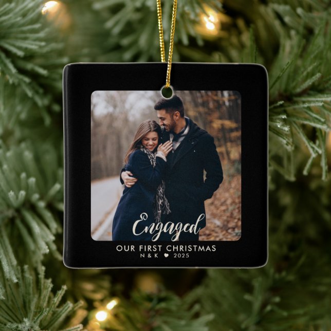 First Christmas Engaged Couple Personalised Photo Ceramic Ornament (Tree)