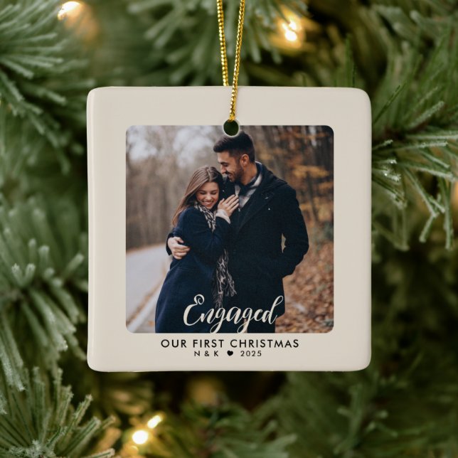 First Christmas Engaged Couple Personalised Photo Ceramic Ornament (Tree)