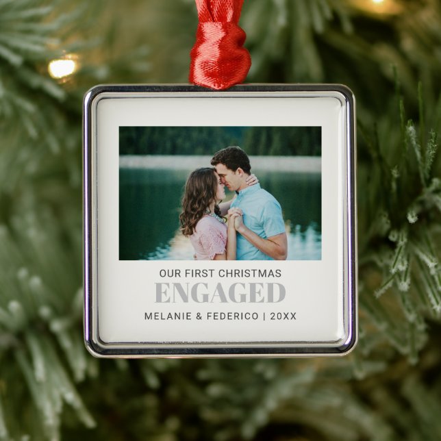 First Christmas  ENGAGED COUPLE photo  GRAY Metal Tree Decoration (Tree)