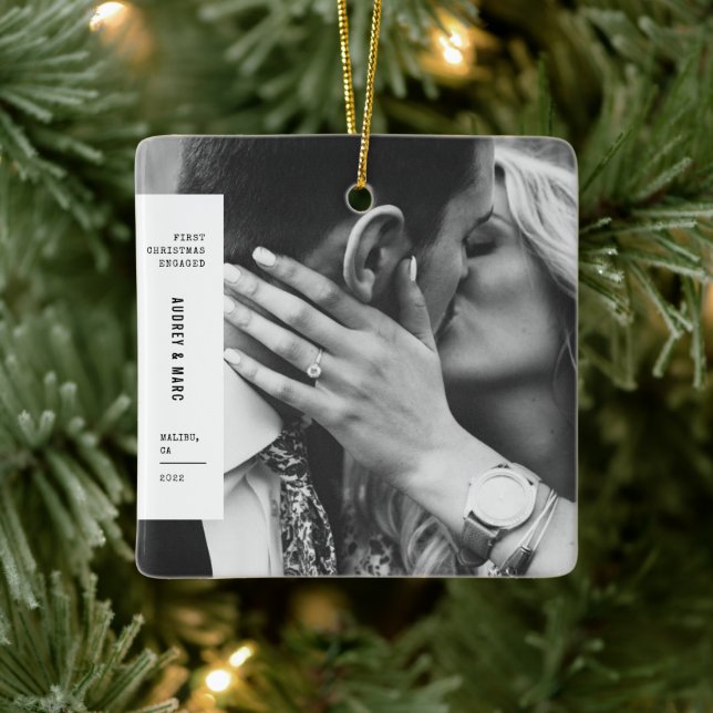 First Christmas Engaged Couple Photo Minimalist Ceramic Ornament (Tree)