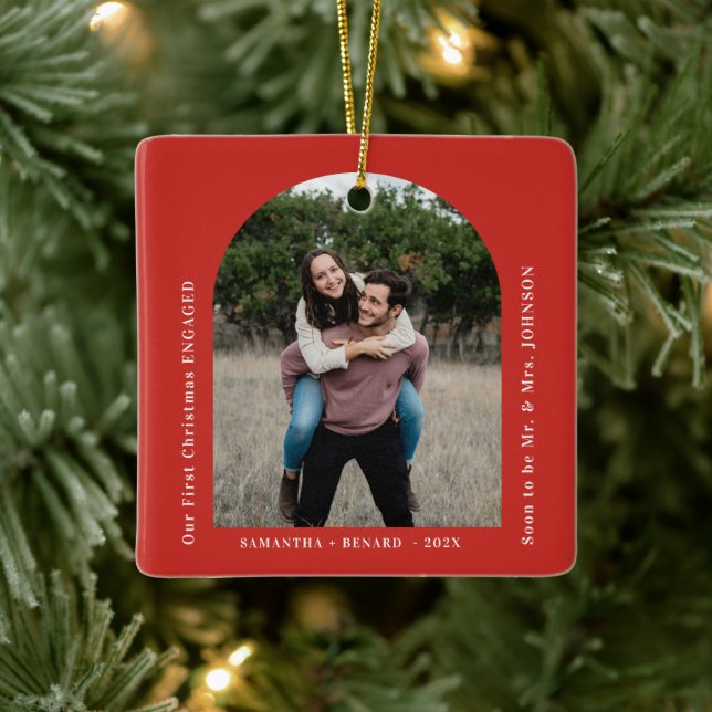 First Christmas Engaged Couples Photo Arch Ceramic Ornament (Tree)