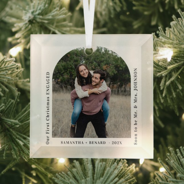 First Christmas Engaged Couples Photo Arch Glass Tree Decoration (Insitu)