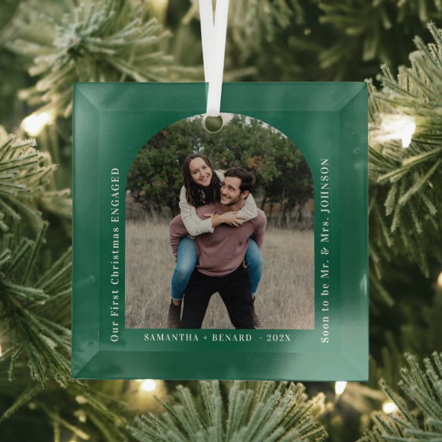 First Christmas Engaged Couples Photo Arch Glass Tree Decoration (Insitu)