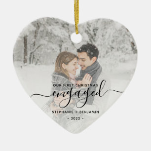 First Christmas Engaged Custom Photo Black Script Ceramic Tree Decoration