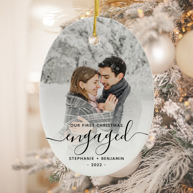 First Christmas Engaged Custom Photo Black Script Ceramic Tree Decoration (Creator Uploaded)