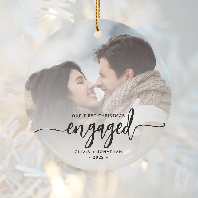First Christmas Engaged Custom Photo Black Script Ceramic Tree Decoration (Creator Uploaded)