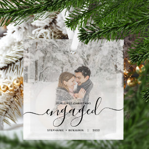 First Christmas Engaged Custom Photo Black Script Glass Tree Decoration