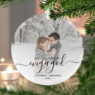 First Christmas Engaged Custom Photo Black Script Glass Tree Decoration