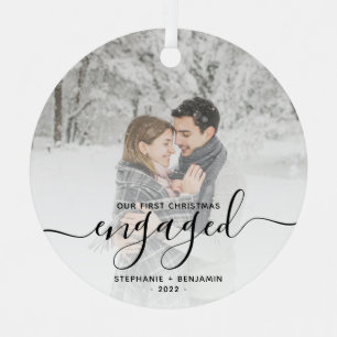 First Christmas Engaged Custom Photo Black Script Metal Tree Decoration