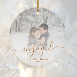 First Christmas Engaged Custom Photo Copper Script Ceramic Tree Decoration