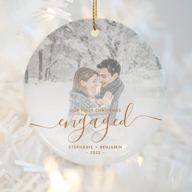 First Christmas Engaged Custom Photo Copper Script Ceramic Tree Decoration (Creator Uploaded)