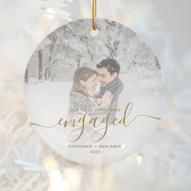 First Christmas Engaged Custom Photo Gold Script Ceramic Tree Decoration (Creator Uploaded)