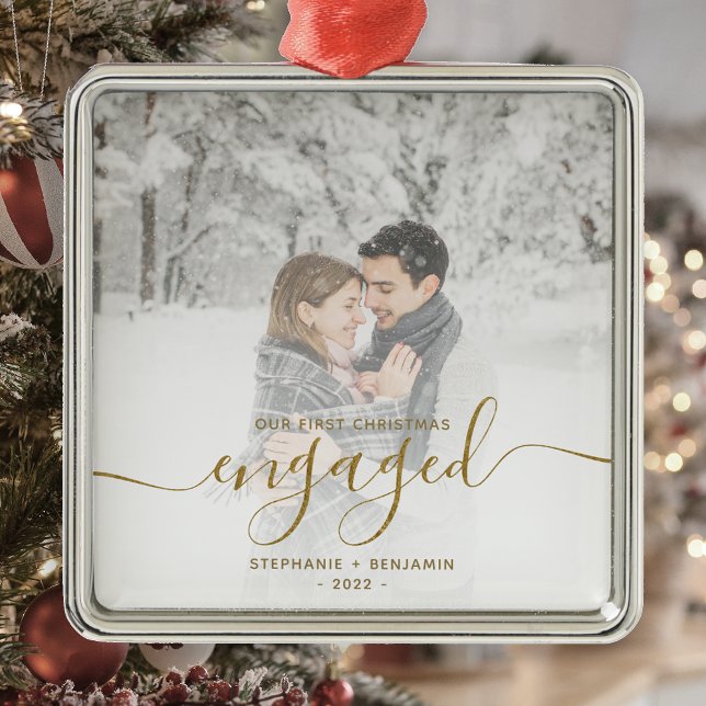 First Christmas Engaged Custom Photo Gold Script Metal Tree Decoration (Creator Uploaded)