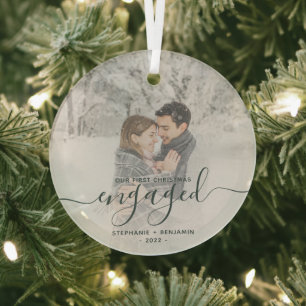 First Christmas Engaged Custom Photo Green Script Glass Tree Decoration