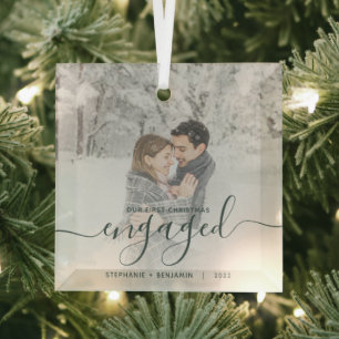 First Christmas Engaged Custom Photo Green Script Glass Tree Decoration