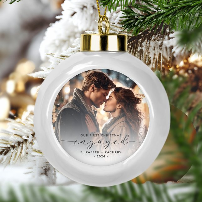 First Christmas Engaged Custom Photo Grey Script Ceramic Ball Christmas Ornament (Creator Uploaded)