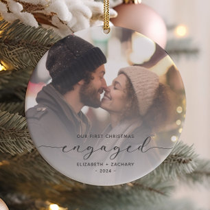 First Christmas Engaged Custom Photo Grey Script Ceramic Tree Decoration