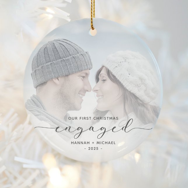 First Christmas Engaged Custom Photo Grey Script Ceramic Tree Decoration (Creator Uploaded)