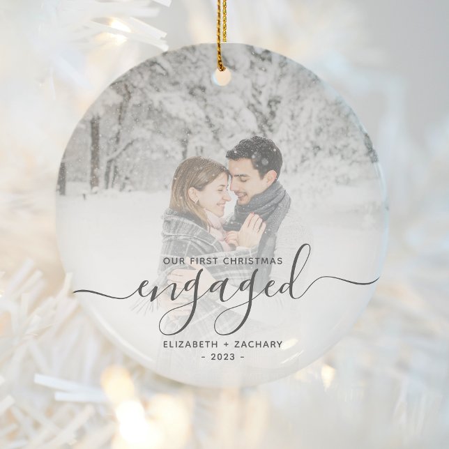 First Christmas Engaged Custom Photo Grey Script Ceramic Tree Decoration (Creator Uploaded)