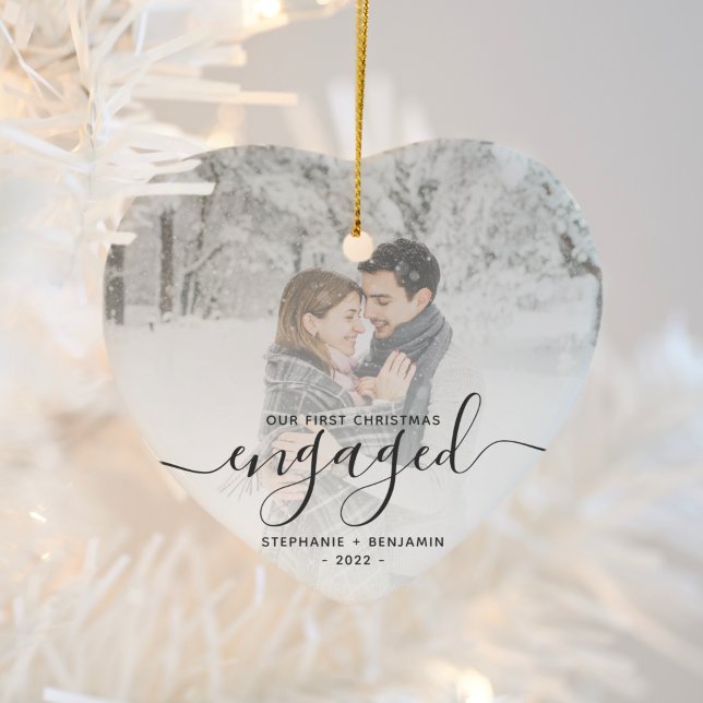 First Christmas Engaged Custom Photo Grey Script Ceramic Tree Decoration (Creator Uploaded)