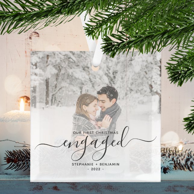 First Christmas Engaged Custom Photo Grey Script Glass Tree Decoration (Creator Uploaded)