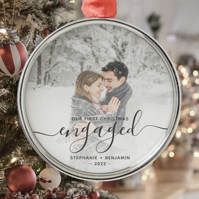 First Christmas Engaged Custom Photo Grey Script Metal Tree Decoration (Creator Uploaded)