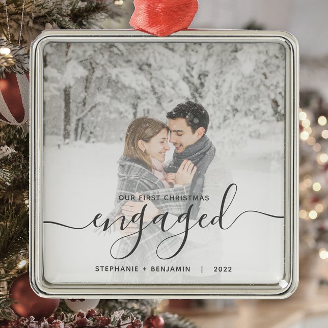 First Christmas Engaged Custom Photo Grey Script Metal Tree Decoration (Creator Uploaded)