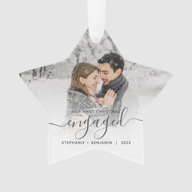 First Christmas Engaged Custom Photo Grey Script Ornament (Front)
