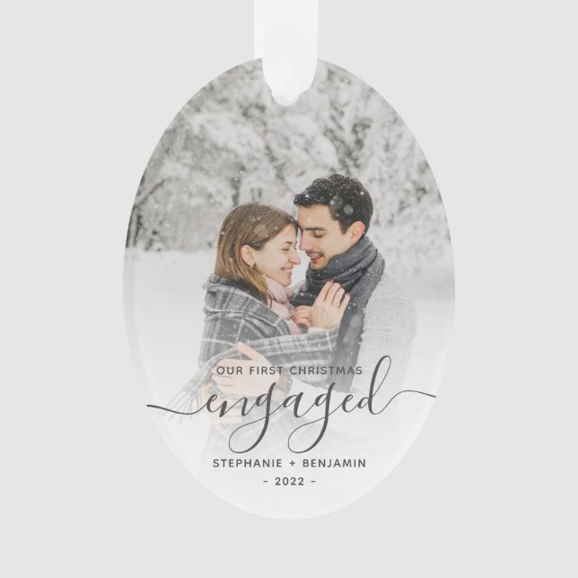 First Christmas Engaged Custom Photo Grey Script Ornament (Front)