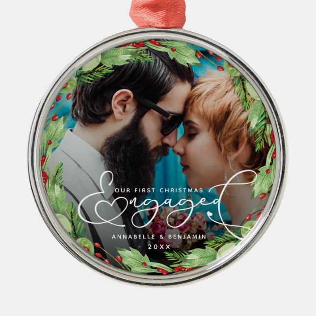 First Christmas Engaged Custom Photo  Metal Orname Tree Decoration (Front)