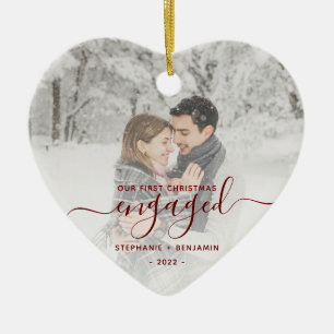 First Christmas Engaged Custom Photo Red Script Ceramic Tree Decoration