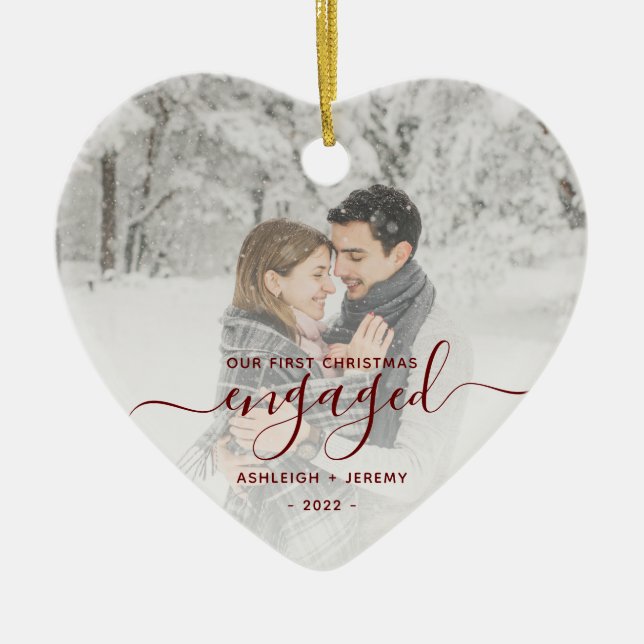 First Christmas Engaged Custom Photo Red Script Ceramic Tree Decoration (Front)